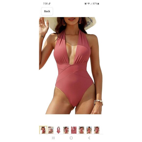 6 Zaful Pink Brick Red Halter Neck Deep Plunge One Piece Swimsuit Bathing Suit - Picture 1 of 10